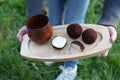 424/5000 ÃÂ¯ÃÂ·Ãâ¹ÃÂº ÃÂ¾Ãâ¬ÃÂ¸ÃÂ³ÃÂ¸ÃÂ½ÃÂ°ÃÂ»ÃÂ°: Ãâ¬ÃÆÃÂÃÂÃÂºÃÂ¸ÃÂ¹ Coffee cheese. Coffee cheese and a ceramic cup on a wooden tray Royalty Free Stock Photo